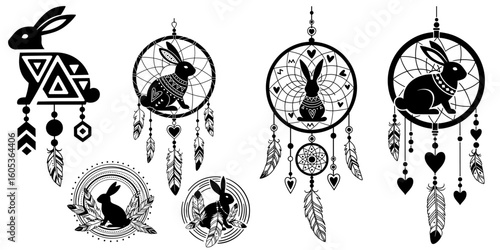 Bold Boho Easter Clip Art – Hand-Drawn Black Glyph Vector Set of 4 Groovy Rabbit and Dreamcatcher Designs with Feathers and Hearts on Clean White Background (2)