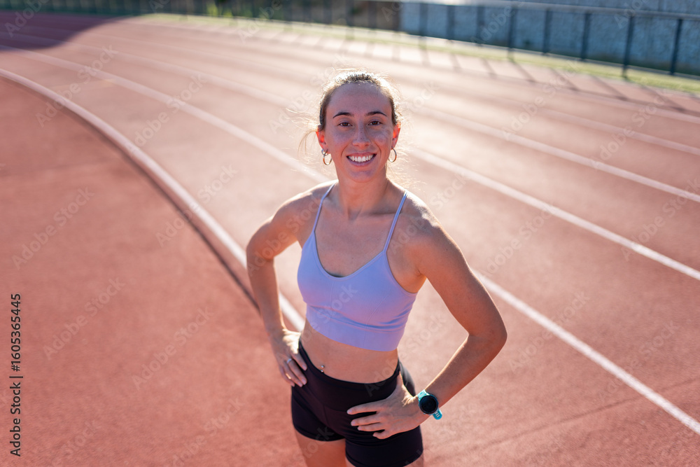 Obraz premium Smiling female athlete posing on running track