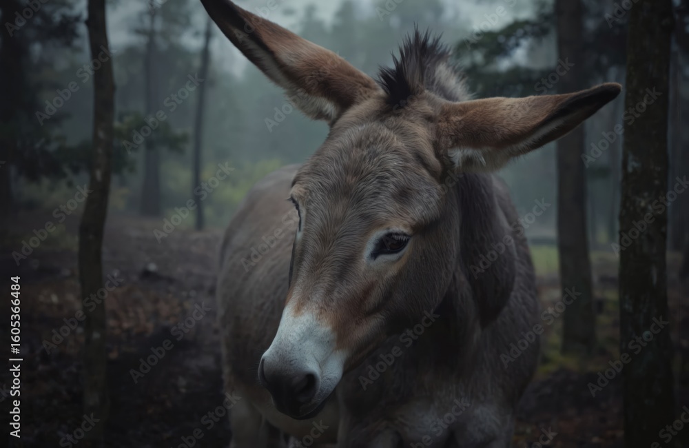 Portrait of donkey in forest setting with moody, atmospheric background. Donkey large ears, gentle expression, with head turned slightly towards viewer. Scene dominated by muted earth tones, soft Portrait of donkey in forest setting with moody, atmospheric background. Donkey large ears, gentle expression, with head turned slightly towards viewer. Scene dominated by muted earth tones, soft