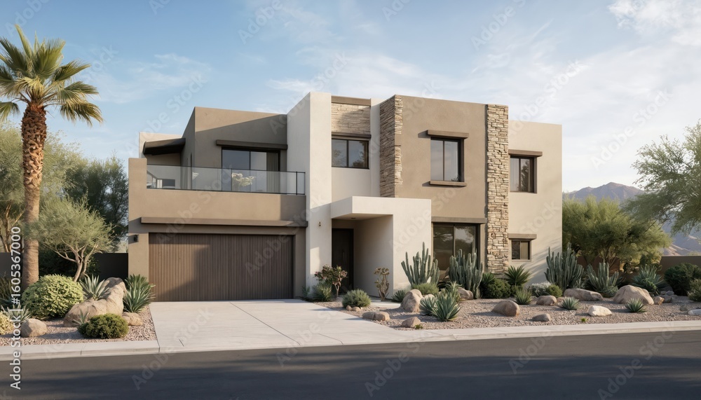 Fototapeta premium Modern desert house exterior on sunny day. Features stone accents, large garage, drought-tolerant landscaping with palm trees, cacti. Architectural rendering of luxury residence, ideal for real