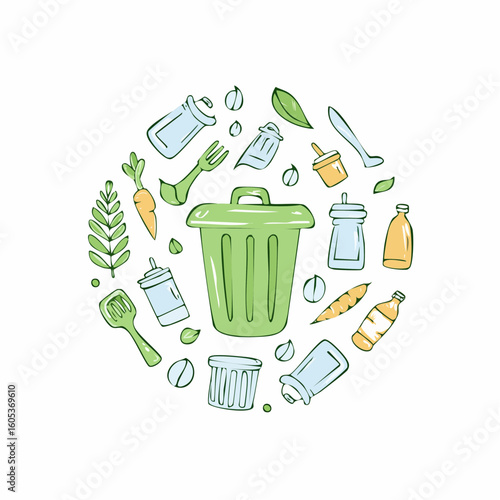 drawn plastic rubbish container icon in doodle style. Mark point icon design collection for ecology and drink design element