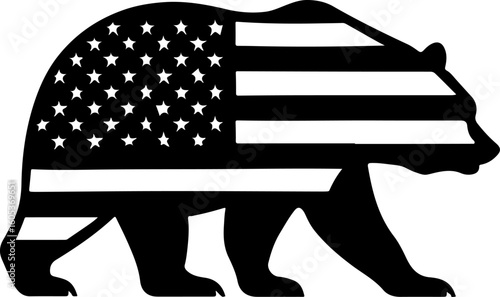 Iconic silhouette of a grizzly bear merged with the stars and stripes of the american flag symbolizing patriotism