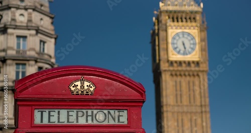 Big Ben, Houses of Parliament and traditional red telephone box with blue sky, summer, London, England