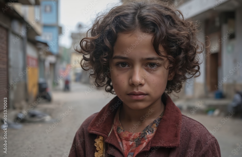Fototapeta premium Portrait of young girl with curly brown hair in worn jacket on dusty street in developing urban area. Expression somber, conveying sense of hardship. Background shows blurred street with modest