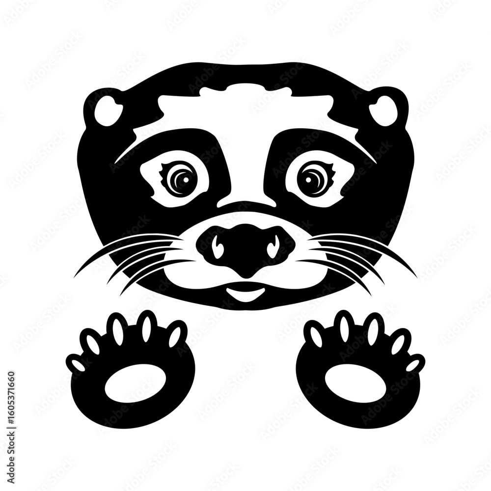 Obraz premium Cute river otter face with paws. Vector illustration isolated on white background. Sea otter silhouette. Aquatic animal design for stickers, t shirt, print, stamp