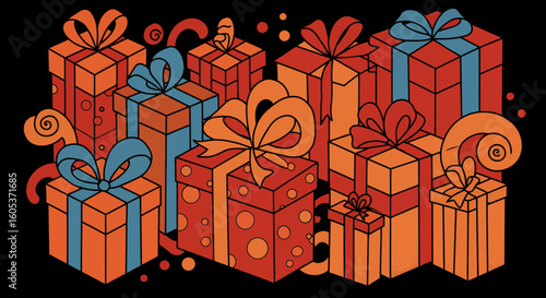 Colorful Gift Boxes Displayed Creatively for Celebrations, Digital Illustration, Vibrant Atmosphere, Eye-Catching Design