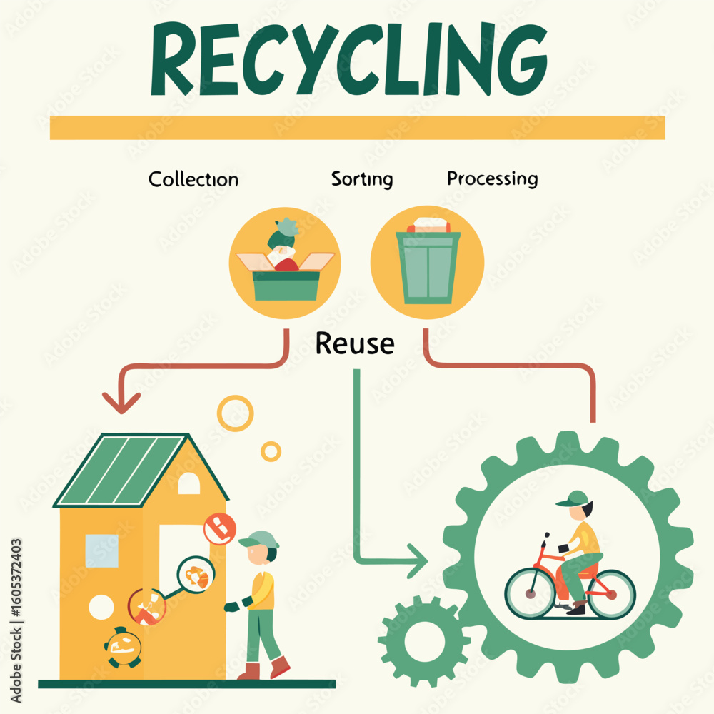 Fototapeta premium The recycling process is illustrated showing collection sorting processing and reuse with a person cycling symbolizing a sustainable future