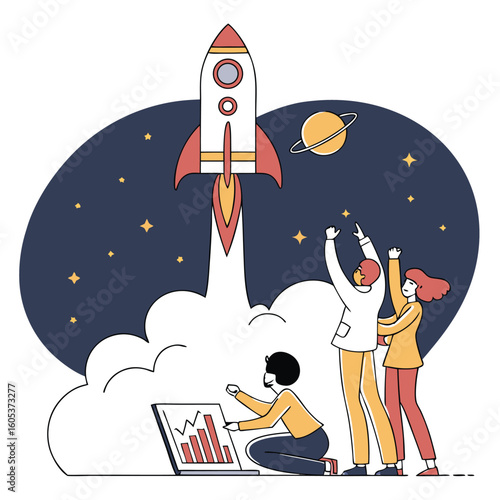 A diverse team of people celebrates the successful launch of a rocket into space symbolizing business growth and innovation while one person analyzes data on a laptop