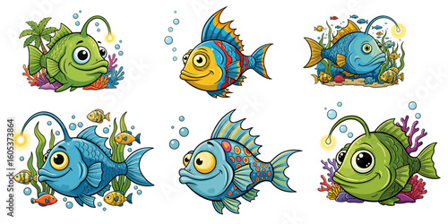 Colorful hand-drawn cartoon angler fish characters with glowing lures and tropical coral, playful and whimsical vector illustrations, perfect for kids’ aquarium-themed designs and prints. (1)
