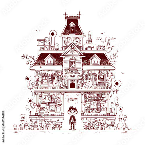 Illustration of a detailed haunted house with a boy standing in front and small ghost figures around it