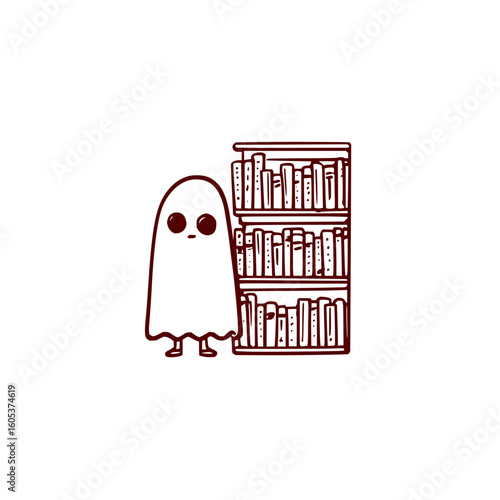 A cute ghost standing next to a bookshelf filled with books in a simple line drawing style illustration