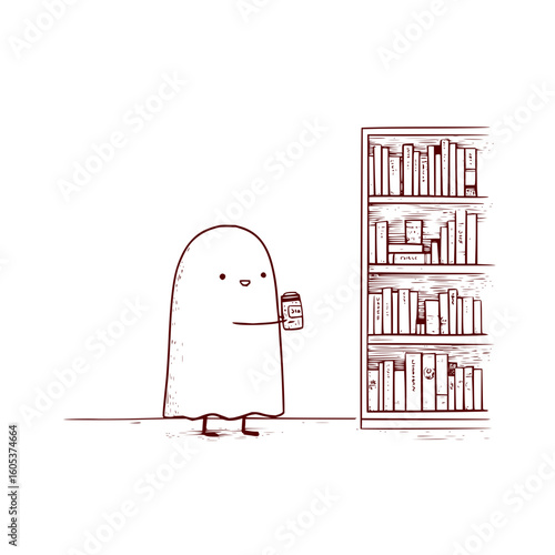 A cute ghost holding a jar stands next to a bookshelf filled with books in a simple line drawing style
