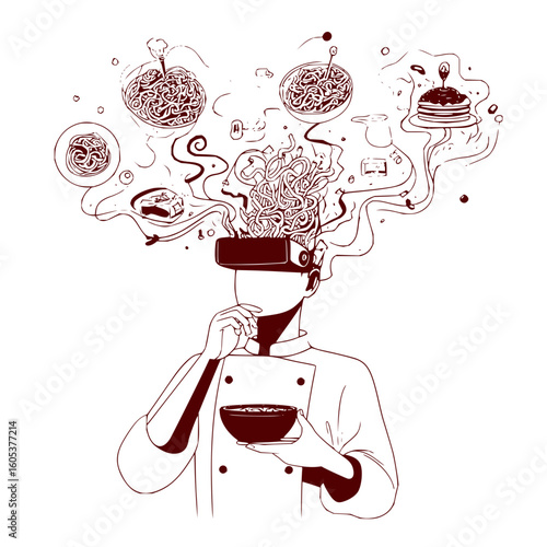 Chef wearing vr headset with food imagery coming from it including pasta and pancakes and holding bowl