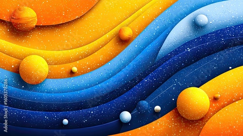 Abstract design with layered wavy shapes and celestial bodies.