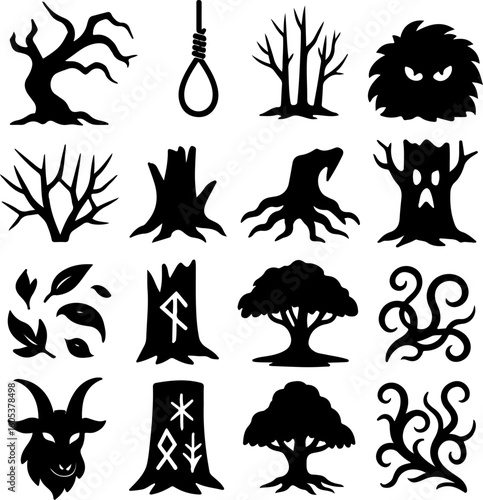 Collection of spooky and eerie silhouetted elements featuring gnarled trees a noose a monster and mystical symbols for halloween or dark themes
