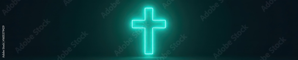 Fototapeta premium Teal neon cross glowing vibrantly against a dark backdrop , teal, art