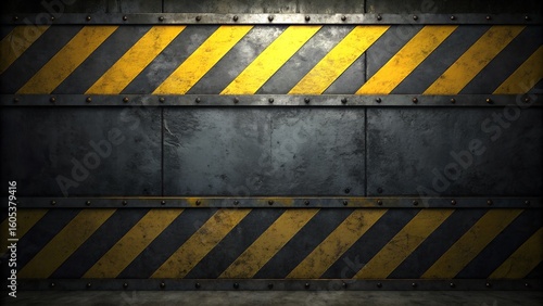 Industrial metal wall with yellow and black warning stripes