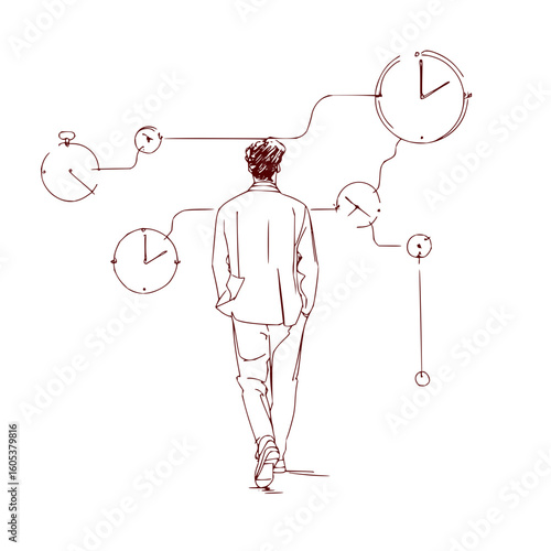 Illustration of a man walking away surrounded by clocks and time related symbols in a sketch style