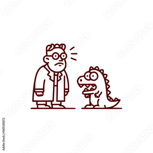 Cartoon illustration of a surprised scientist in a lab coat facing a small cartoon dinosaur character