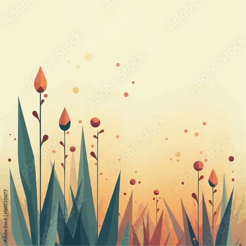 Vector style of grass with dew and flowers in soft pastel colors  