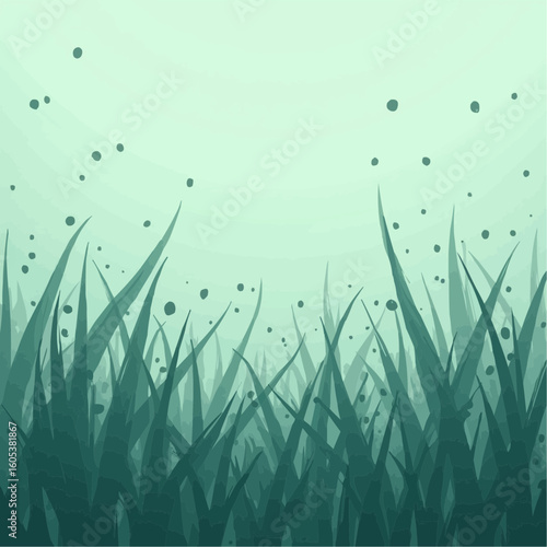 Grass with dew in vector style on light blue background  