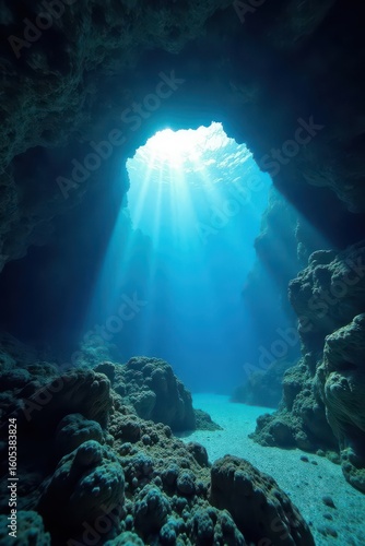 Deep blue Gozo sea hole, sunlight penetrating underwater cavern, scuba, Blue Hole, underwater
