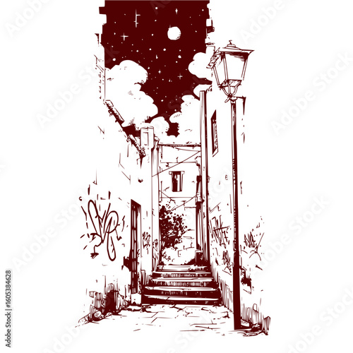 Illustration of a narrow alleyway at night with a street lamp and graffiti on the walls in sepia tone