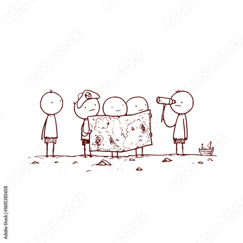 Stick figures on a treasure hunt with a map, telescope, and pirate hat searching for buried treasure