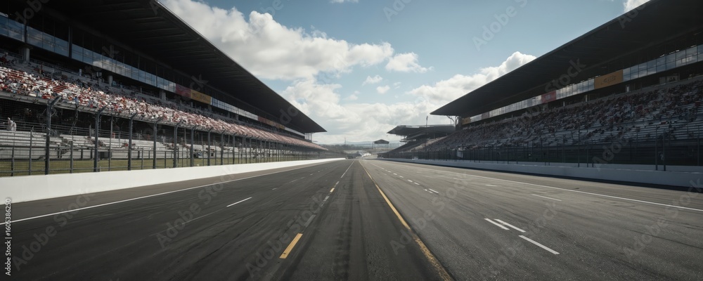 Naklejka premium Empty asphalt race track curves past empty grandstands under bright blue sky with scattered clouds. Perspective creates sense of speed, anticipation for motorsport event. Barrier, road markings