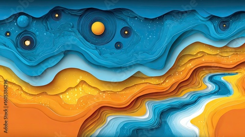 Layered abstract design with vibrant colors.