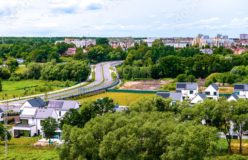 Panoramic view of Ursynow and Kabaty residential district with Skarpa Ursynowska escarpment and Rosnowskiego beltway street towards Wilanow in Warsaw, Poland