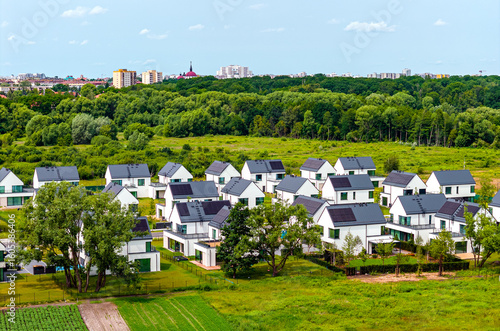 Panoramic view of Ursynow residential district of Warsaw, Poland with Skarpa Ursynowska escarpment and Royal Wilanow modern housing