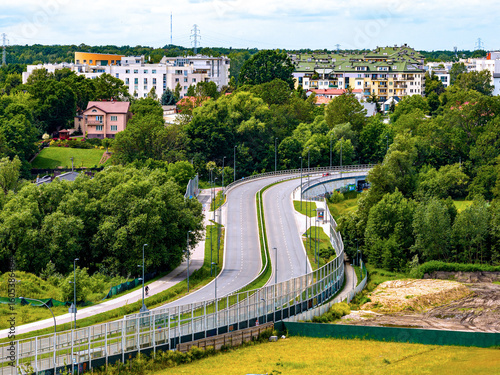 Panoramic view of Ursynow and Kabaty residential district with Skarpa Ursynowska escarpment and Rosnowskiego beltway street towards Wilanow in Warsaw, Poland
