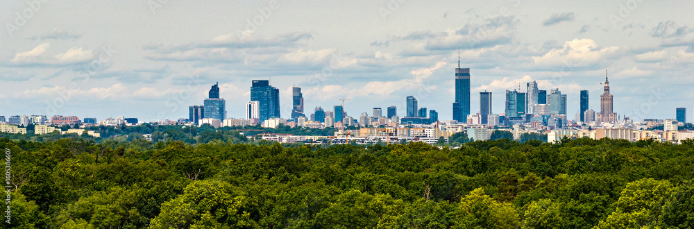 Fototapeta premium Panoramic view of downtown center and financial district skyscrapers of Warsaw, Poland above Royal Wilanow residential district