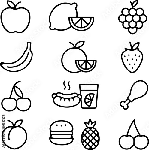A collection of simple line art icons representing a variety of fruits vegetables and fast food items for healthy eating and lifestyle concepts