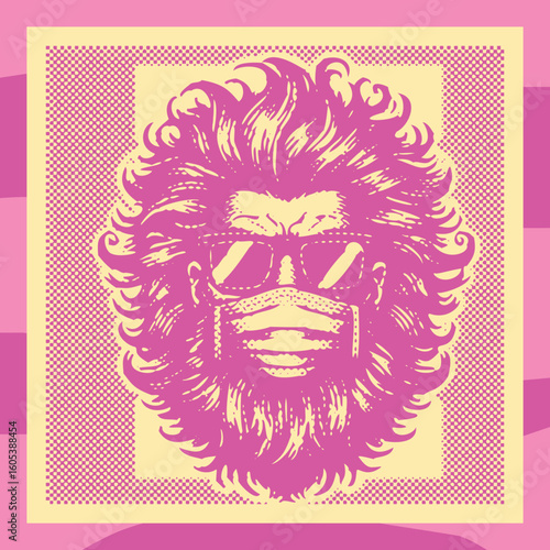  Pink man with mask voluminous hair beard sunglasses digital art vector canvas dot halftone stamp