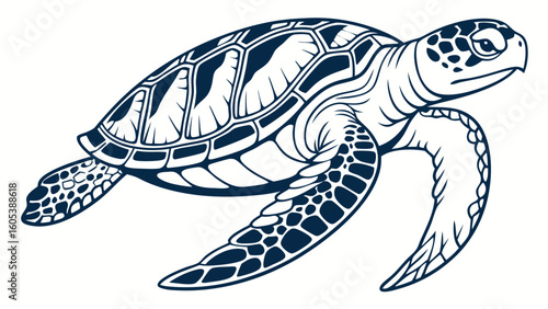 a blue and white drawing of a sea turtle.