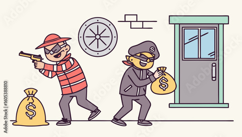 Flat line art illustration of two cartoon robbers with gun and money bags near a bank vault