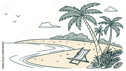 Hand-Drawn Tropical Beach Scene with Palm Trees, Sandy Shore, and Beach Chair. Summer Vacation Illustration.