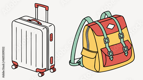 Isometric travel luggage set: White rolling suitcase and colorful backpack illustration for trips and adventures.