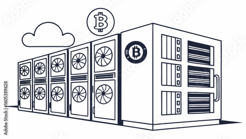 Cryptocurrency Mining Server Farm and Cloud Computing Line Art