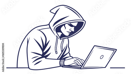 Hooded Hacker Silhouette Typing on Laptop - Cybersecurity and Digital Crime Concept
