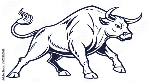 Powerful Charging Bull Vector Illustration. Dynamic Black and White Animal Mascot Design. Strong and Aggressive Symbol