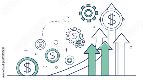 Financial Growth and Business Success Concept with Upward Arrows, Dollar Coins, and Gears Outline Illustration