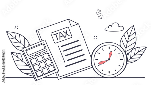 Tax calculation and deadline concept with financial documents, calculator, and clock line art illustration