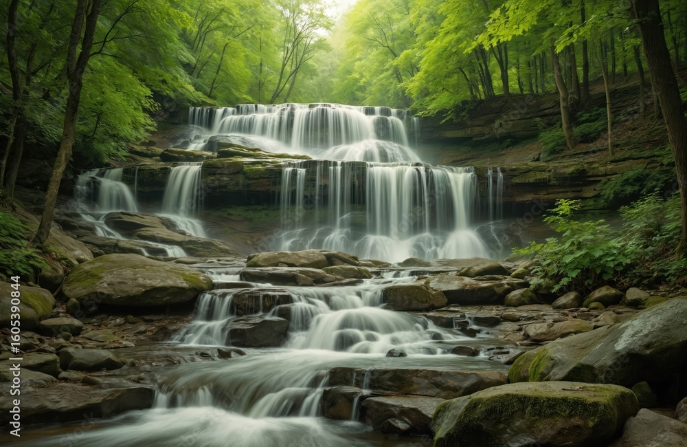 Obraz premium Cascading waterfall in lush green forest landscape. Water flows over layered rocks creating soothing sounds. Explore serene wilderness, perfect for hiking and relaxation.