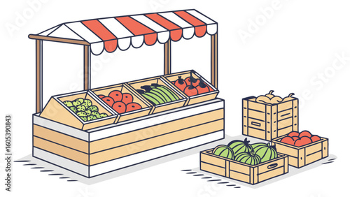 Fresh Produce Market Stall Illustration with Various Fruits and Vegetables on White Background