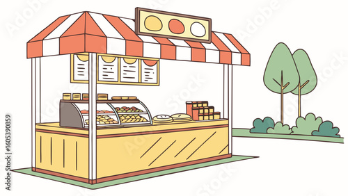 Illustrated Food Stall with Striped Awning, Menu, and Displayed Treats in Outdoor Setting