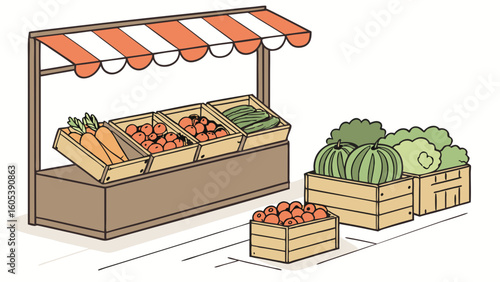 Fresh Produce Market Stall with Organic Fruits and Vegetables in Crates. Farmers Market Illustration.