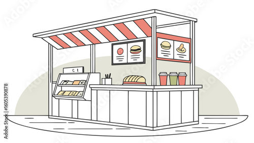Minimalist Street Food Stall Illustration. Outline Drawing of Fast Food Kiosk with Menu and Snacks. Market Booth Vector Art.